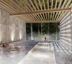 Venkovni virivka s vyhledem na reku a les